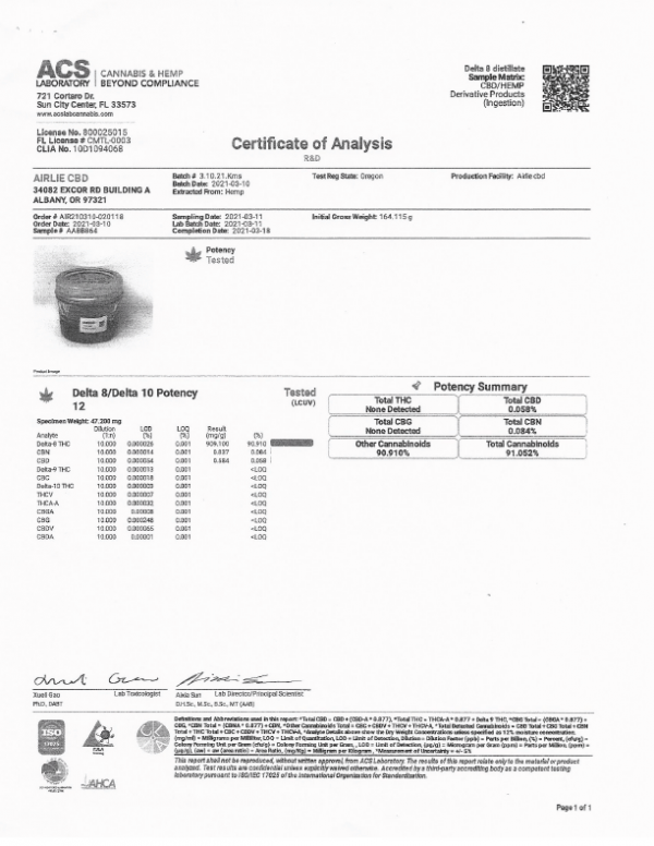Delta 8 Distillate Batch 2104090311