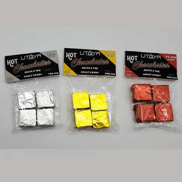 Delta 8 Chocolate Squares - Pack of 4 Product Line - Silver 25 mg, Gold 50 mg, and Red 75 mg Chocolates